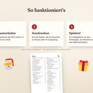 Puede incluir: Un gr&aacute;fico instructivo titulado So funktioniert's con tres pasos numerados: 1 Herunterladen, 2 Ausdr&uuml;cken y 3 Spielen. Debajo, una p&aacute;gina de documento digital titulada Inhalt est&aacute; flanqueada por un icono de Pap&aacute; Noel y un icono de regalo.