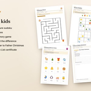 May include: A collection of printable activity sheets for kids featuring Christmas themes. The set includes a maze, picture sudoku, a memory game, and a letter to Father Christmas template, all displayed on a light beige background with a teddy bear icon.