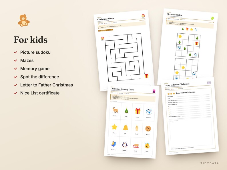 May include: A collection of printable activity sheets for kids featuring Christmas themes. The set includes a maze, picture sudoku, a memory game, and a letter to Father Christmas template, all displayed on a light beige background with a teddy bear icon.