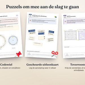 May include: Three activity sheets titled Puzzels om mee aan de slag te gaan, featuring a code wheel, torn library card pieces to reassemble, and a magic grid puzzle with a letter square and a blank grid for cutting out windows.