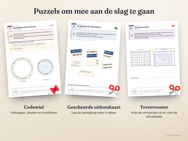 May include: Three activity sheets titled Puzzels om mee aan de slag te gaan, featuring a code wheel, torn library card pieces to reassemble, and a magic grid puzzle with a letter square and a blank grid for cutting out windows.