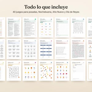 May include: A collection of 40 printable game sheets for holiday celebrations, featuring various activities like word searches, mazes, trivia, and matching games with colorful icons and text in Spanish, organized in a grid layout.