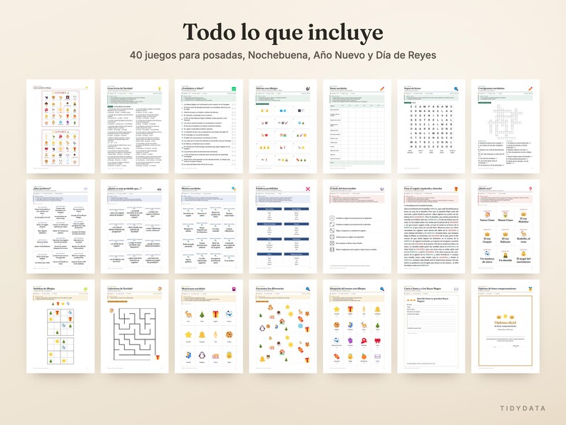 May include: A collection of 40 printable game sheets for holiday celebrations, featuring various activities like word searches, mazes, trivia, and matching games with colorful icons and text in Spanish, organized in a grid layout.
