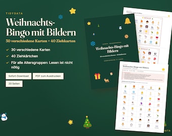 Weihnachtsbingo zum Ausdrucken · 30 Bilder-Bingokarten für Kinder und Familie · Weihnachtsspiel mit Ziehkarten · PDF