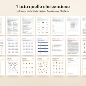 Op de afbeelding: Een verzameling printbare spelbladen met de titel Tutto quello che contiene en 40 giochi per la Vigilia, Natale, Capodanno e l'Epifania. De set bevat diverse activiteiten zoals woordzoekers, doolhoven en trivia-spellen.