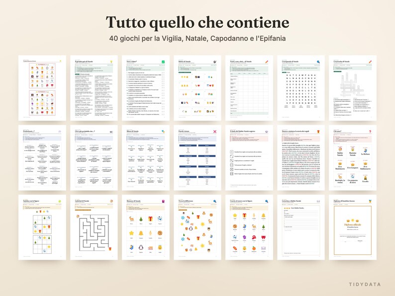 Op de afbeelding: Een verzameling printbare spelbladen met de titel Tutto quello che contiene en 40 giochi per la Vigilia, Natale, Capodanno e l'Epifania. De set bevat diverse activiteiten zoals woordzoekers, doolhoven en trivia-spellen.