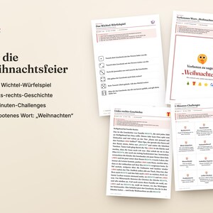 Puede incluir: Una colecci&oacute;n de hojas de juego impresas para una fiesta navide&ntilde;a, que incluye instrucciones para un juego de dados, una historia de izquierda a derecha y desaf&iacute;os de un minuto. El texto incluye t&iacute;tulos como Das Wichtel-W&uuml;rfelspiel.