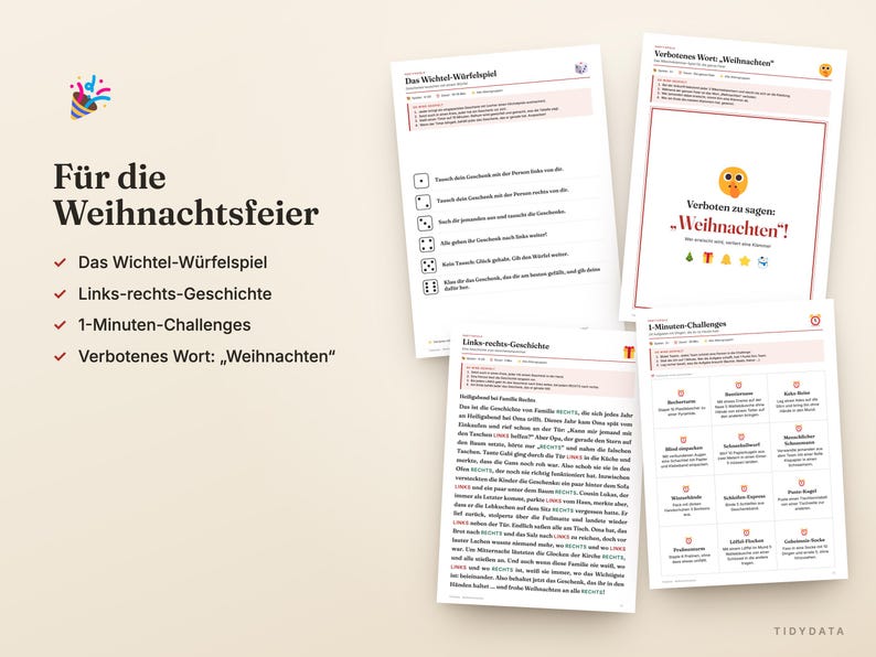 Puede incluir: Una colecci&oacute;n de hojas de juego impresas para una fiesta navide&ntilde;a, que incluye instrucciones para un juego de dados, una historia de izquierda a derecha y desaf&iacute;os de un minuto. El texto incluye t&iacute;tulos como Das Wichtel-W&uuml;rfelspiel.