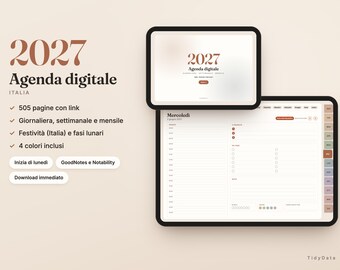 Peut inclure: Un agenda numérique pour 2027 intitulé 2027 Agenda digitale Italia, affiché sur deux écrans de tablette. L'interface comprend des vues quotidiennes, hebdomadaires et mensuelles, 505 pages liées, des jours fériés italiens et quatre couleurs.