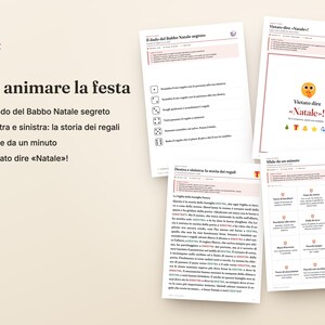 Op de afbeelding: Een set van vier bedrukte gezelschapsspelbladen in het Italiaans, met titels zoals Il dado del Babbo Natale segreto, Vietato dire Natale en Destra e sinistra: la storia dei regali, voorzien van instructies, dobbelsteeniconen en uitdagingen.