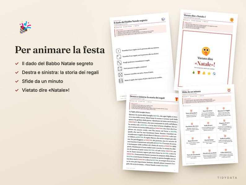 Op de afbeelding: Een set van vier bedrukte gezelschapsspelbladen in het Italiaans, met titels zoals Il dado del Babbo Natale segreto, Vietato dire Natale en Destra e sinistra: la storia dei regali, voorzien van instructies, dobbelsteeniconen en uitdagingen.