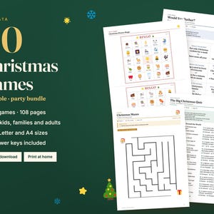May include: A digital bundle of 40 Christmas games on white paper sheets, featuring bingo cards, mazes, and trivia quizzes. The text on the dark green background reads 40 Christmas Games, printable party bundle, 40 games, 108 pages, and answer keys included.