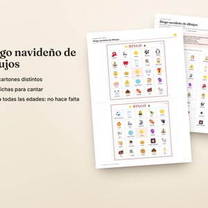 Pu&ograve; includere: Un set di gioco bingo natalizio con immagini, composto da fogli stampati con icone festive colorate come stelle, regali e campane. Il testo riporta Bingo navide&ntilde;o de dibujos, 30 cartones distintos, 40 fichas para cantar e Para todas las edades.