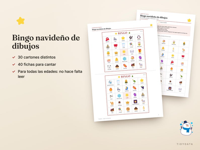 Pu&ograve; includere: Un set di gioco bingo natalizio con immagini, composto da fogli stampati con icone festive colorate come stelle, regali e campane. Il testo riporta Bingo navide&ntilde;o de dibujos, 30 cartones distintos, 40 fichas para cantar e Para todas las edades.