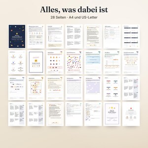 May include: A collection of 28 printable pages in A4 and US-Letter formats, featuring various layouts, text, charts, and activity grids with icons and diagrams. The document set includes instructional content, checklists, and puzzles.