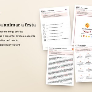 May include: A set of four printed party game instruction sheets in Portuguese, featuring "O dado do amigo secreto," "Proibido dizer Natal," and "Passa o presente: direita e esquerda." The documents include lists, rules, and icons.