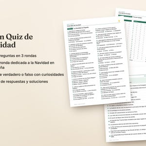 Pu&ograve; includere: Un set di gioco a quiz natalizio con una pagina di titolo con un'icona a forma di lampadina e il testo Gran Quiz de Navidad, accompagnato da diversi fogli stampati contenenti 60 domande in tre round, fatti veri o falsi e chiavi di risposta.