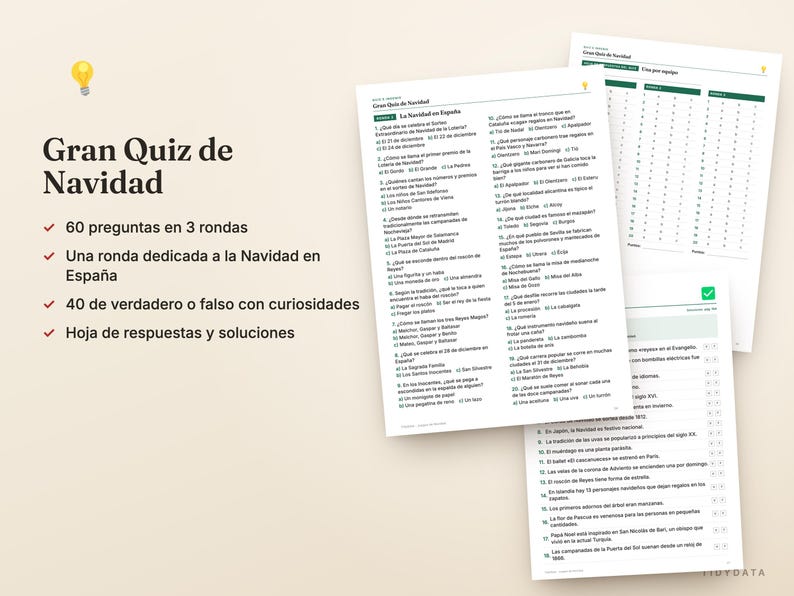 Pu&ograve; includere: Un set di gioco a quiz natalizio con una pagina di titolo con un'icona a forma di lampadina e il testo Gran Quiz de Navidad, accompagnato da diversi fogli stampati contenenti 60 domande in tre round, fatti veri o falsi e chiavi di risposta.