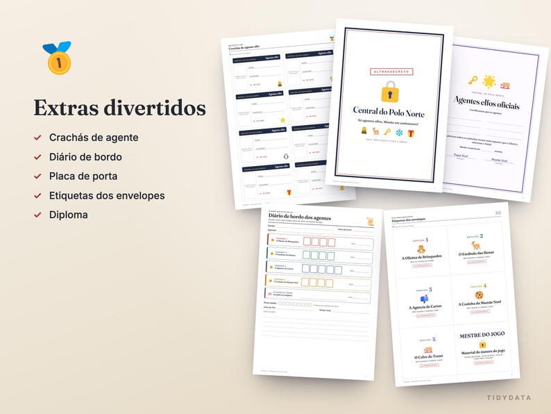 May include: A collection of printable activity sheets titled Extras divertidos, featuring a gold medal icon, agent badges, a logbook, door signs, envelope labels, and a diploma. The documents include text like Central do Polo Norte and Agentes elfos oficiais with various colourful icons.