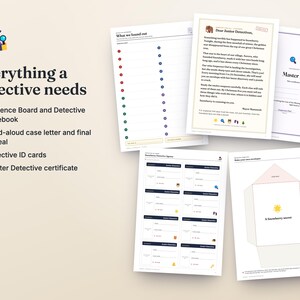 May include: A detective-themed printable activity set featuring a list of items including an evidence board, detective notebook, case letter, ID cards, and a certificate. The pages contain text, colorful icons, and templates for investigative games.