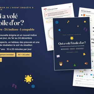 Fransk mystisk adventskalender utskrivbar · Calendrier de l'Avent Enquête · 24 detektivpussel för barn och familj PDF bild 1