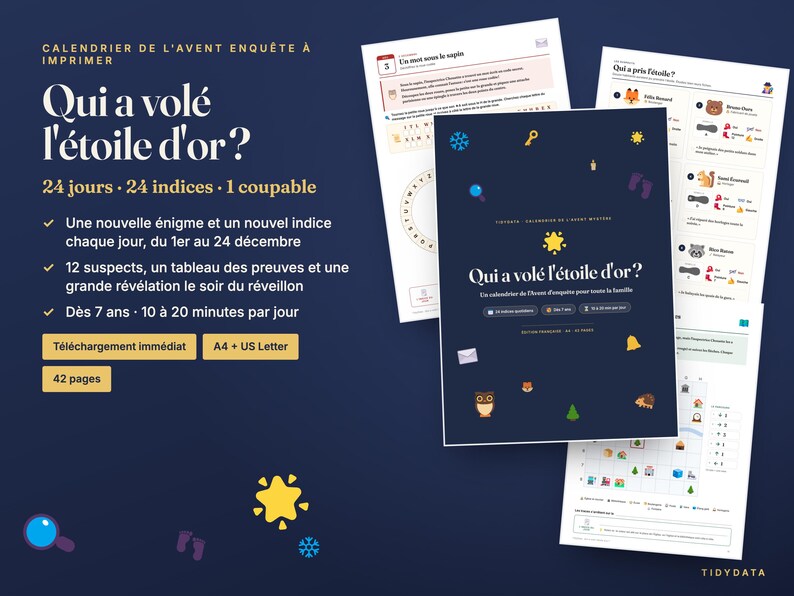 Fransk mystisk adventskalender utskrivbar · Calendrier de l'Avent Enquête · 24 detektivpussel för barn och familj PDF bild 1