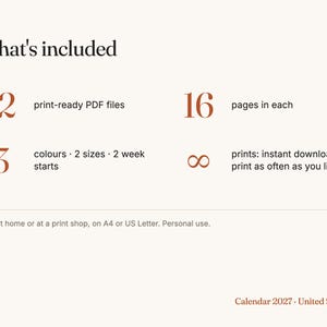 Op de afbeelding: Een productinformatiegrafiek voor een kalender van 2027 voor de Verenigde Staten. De tekst bevat: What's included, 12 print-ready PDF files, 16 pages in each, 3 colours, 2 sizes, 2 week starts, oneindigheidssymbool voor instant download, en print at home or at a print shop, on A4 or US Letter. Personal use.