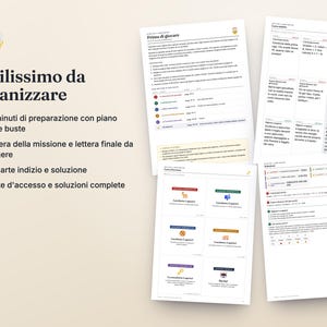 May include: A set of printable game documents featuring the title Facilissimo da organizzare, including instructions, clue cards, and solution sheets. The pages contain text in Italian, lists of game components, and colorful icons for a scavenger hunt activity.