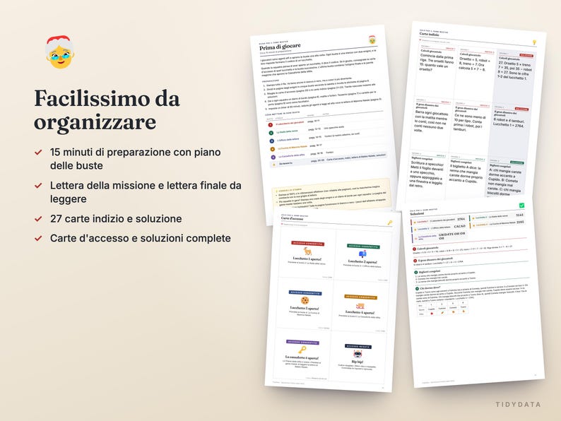 May include: A set of printable game documents featuring the title Facilissimo da organizzare, including instructions, clue cards, and solution sheets. The pages contain text in Italian, lists of game components, and colorful icons for a scavenger hunt activity.