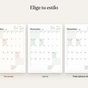 May include: Three monthly calendar pages for December 2027, each with a grid layout. The top text reads Elige tu estilo. The calendars feature different colour accents: terracotta, sage green, and black ink, with small monthly calendars at the top.