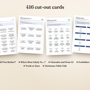May include: A set of 416 cut-out cards featuring four game sheets titled Would You Rather, Who's Most Likely To, Christmas Charades, and Forbidden Words. The cards include various Christmas-themed prompts and game instructions for group play.