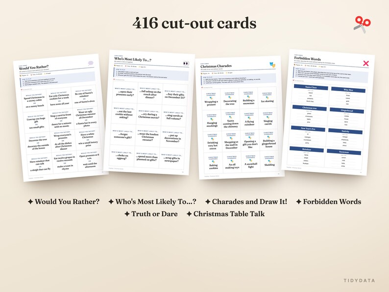 May include: A set of 416 cut-out cards featuring four game sheets titled Would You Rather, Who's Most Likely To, Christmas Charades, and Forbidden Words. The cards include various Christmas-themed prompts and game instructions for group play.