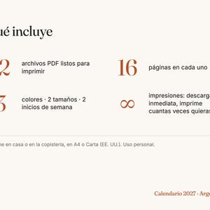 May include: A digital product information graphic for a 2027 calendar. It lists 12 printable PDF files, 16 pages each, 3 colors, 2 sizes, 2 week start options, and unlimited printing. Text includes 'Qu&eacute; incluye', 'Calendario 2027 Argentina'.
