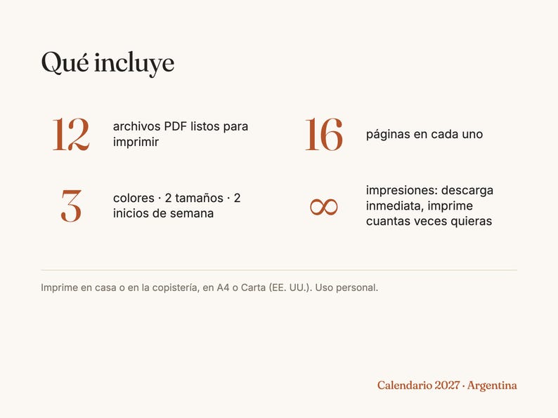 May include: A digital product information graphic for a 2027 calendar. It lists 12 printable PDF files, 16 pages each, 3 colors, 2 sizes, 2 week start options, and unlimited printing. Text includes 'Qu&eacute; incluye', 'Calendario 2027 Argentina'.