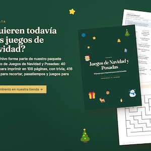 Puede incluir: Una colecci&oacute;n de juegos navide&ntilde;os imprimibles titulada Juegos de Navidad y Posadas, con una portada verde oscuro decorada con iconos festivos como Santa, un mu&ntilde;eco de nieve y regalos, junto a p&aacute;ginas de muestra con laberintos y trivia.