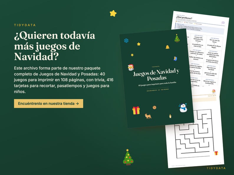 Puede incluir: Una colecci&oacute;n de juegos navide&ntilde;os imprimibles titulada Juegos de Navidad y Posadas, con una portada verde oscuro decorada con iconos festivos como Santa, un mu&ntilde;eco de nieve y regalos, junto a p&aacute;ginas de muestra con laberintos y trivia.