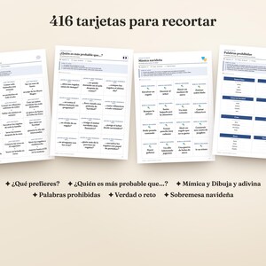 May include: A set of 416 printable cards for cutting, featuring four distinct game sheets with Spanish text including '&iquest;Qu&eacute; prefieres?', '&iquest;Qui&eacute;n es m&aacute;s probable que...?', 'M&iacute;mica navide&ntilde;a', and 'Palabras prohibidas' for holiday activities.