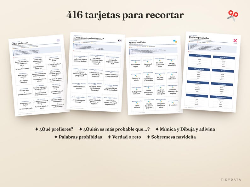 May include: A set of 416 printable cards for cutting, featuring four distinct game sheets with Spanish text including '&iquest;Qu&eacute; prefieres?', '&iquest;Qui&eacute;n es m&aacute;s probable que...?', 'M&iacute;mica navide&ntilde;a', and 'Palabras prohibidas' for holiday activities.
