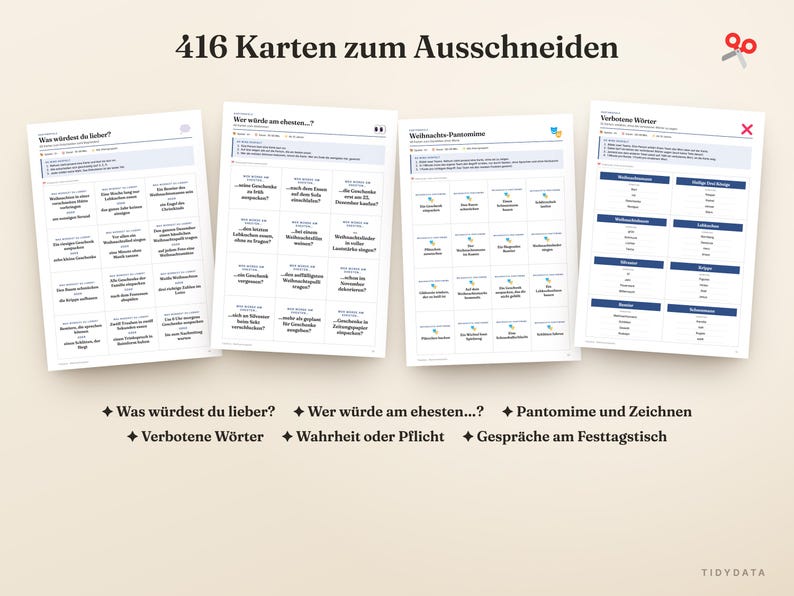 Puede incluir: Un conjunto de 416 tarjetas de juego imprimibles para recortar, con t&iacute;tulos en alem&aacute;n como Was w&uuml;rdest du lieber, Wer w&uuml;rde am ehesten, Weihnachts-Pantomime y Verbotene W&ouml;rter. Las tarjetas est&aacute;n organizadas en cuadr&iacute;culas sobre cuatro hojas blancas.