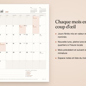 May include: A wall calendar page for May 2027 with a grid layout, featuring small monthly calendars at the top, a notes section at the bottom, and text in French including 'Chaque mois en un coup d'&oelig;il' and a list of holidays.