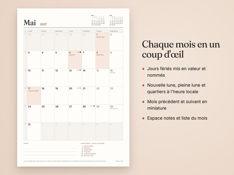 May include: A wall calendar page for May 2027 with a grid layout, featuring small monthly calendars at the top, a notes section at the bottom, and text in French including 'Chaque mois en un coup d'&oelig;il' and a list of holidays.