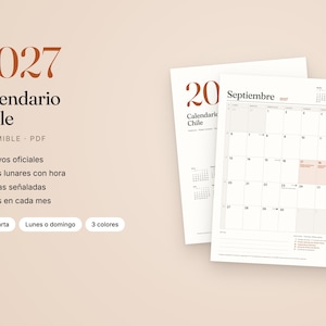 K&ouml;nnte beinhalten: Ein druckbarer Kalender 2027 f&uuml;r Chile im PDF-Format. Das Dokument enth&auml;lt den Text 2027 Calendario Chile, Imprimible, PDF und listet Funktionen wie offizielle Feiertage, Mondphasen und Notizen f&uuml;r jeden Monat in einem Raster auf.