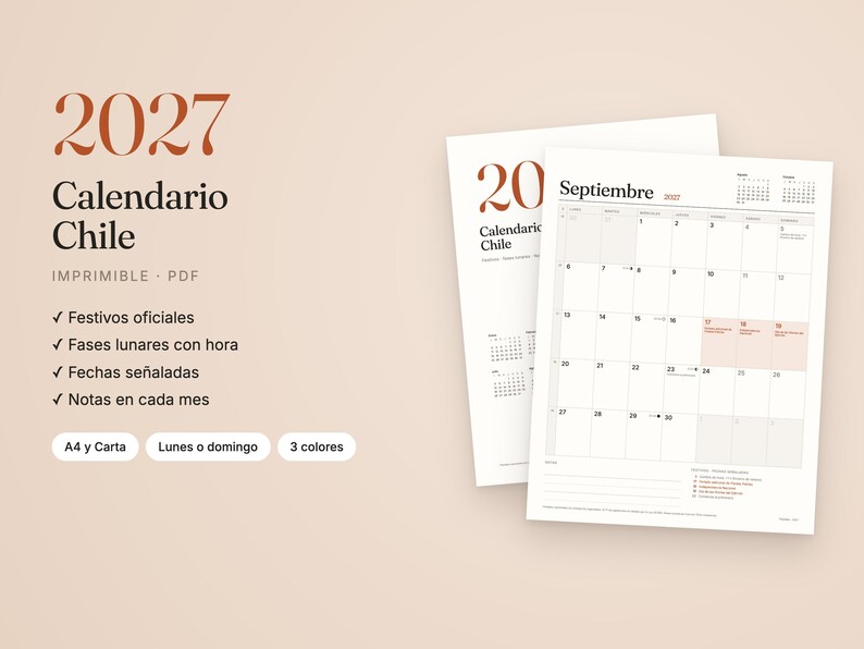 K&ouml;nnte beinhalten: Ein druckbarer Kalender 2027 f&uuml;r Chile im PDF-Format. Das Dokument enth&auml;lt den Text 2027 Calendario Chile, Imprimible, PDF und listet Funktionen wie offizielle Feiertage, Mondphasen und Notizen f&uuml;r jeden Monat in einem Raster auf.