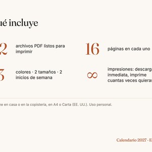 May include: A digital 2027 calendar information sheet with the text Qu&eacute; incluye. It lists 12 PDF files, 16 pages each, 3 colours, 2 sizes, 2 week start options, and unlimited printing. Includes instructions for A4 or Letter size paper.
