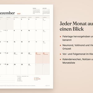 K&ouml;nnte beinhalten: Ein Wandkalenderblatt f&uuml;r Dezember 2027 im Rasterlayout mit der &Uuml;berschrift 'Dezember 2027'. Der Kalender enth&auml;lt Symbole f&uuml;r Mondphasen, nummerierte Tage und einen Notizbereich am unteren Rand in einem klaren, &uuml;bersichtlichen Design.