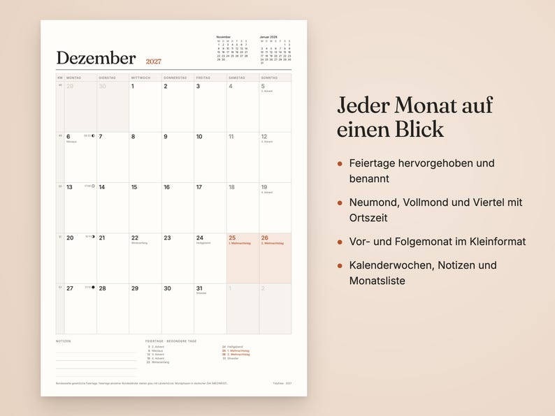 K&ouml;nnte beinhalten: Ein Wandkalenderblatt f&uuml;r Dezember 2027 im Rasterlayout mit der &Uuml;berschrift 'Dezember 2027'. Der Kalender enth&auml;lt Symbole f&uuml;r Mondphasen, nummerierte Tage und einen Notizbereich am unteren Rand in einem klaren, &uuml;bersichtlichen Design.
