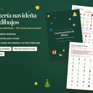 Puede incluir: Un juego de loter&iacute;a navide&ntilde;a de dibujos digital que incluye una portada verde oscuro con iconos festivos y dos hojas de juego blancas con cuadr&iacute;culas de ilustraciones navide&ntilde;as, texto en espa&ntilde;ol y un total de 20 p&aacute;ginas para imprimir.