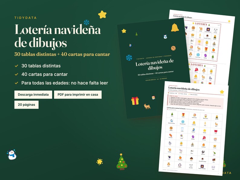 Puede incluir: Un juego de loter&iacute;a navide&ntilde;a de dibujos digital que incluye una portada verde oscuro con iconos festivos y dos hojas de juego blancas con cuadr&iacute;culas de ilustraciones navide&ntilde;as, texto en espa&ntilde;ol y un total de 20 p&aacute;ginas para imprimir.