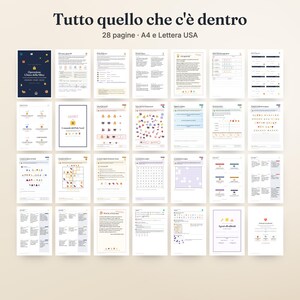 May include: A collection of 28 printable pages in A4 and US Letter sizes, featuring the title Tutto quello che c'&egrave; dentro. The document includes various activity sheets, charts, and informational pages with text and colorful icons.