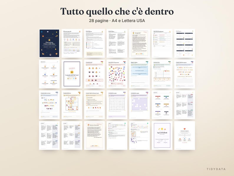 May include: A collection of 28 printable pages in A4 and US Letter sizes, featuring the title Tutto quello che c'&egrave; dentro. The document includes various activity sheets, charts, and informational pages with text and colorful icons.